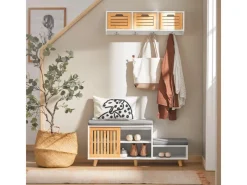 Outlet SoBuy Schuhbank mit 2 Sitzflächen und 1 Schiebetür MDF Bambus Weiß FSR125-WN