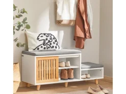 Outlet SoBuy Schuhbank mit 2 Sitzflächen und 1 Schiebetür MDF Bambus Weiß FSR125-WN