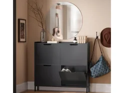 SoBuy Schuhschrank Schmal mit 4 Klappen Schuhkommode 100x91x19cm Schwarz FSR100-SCH