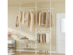 SoBuy Teleskop Kleiderständer mit 3 Kleiderstange und 2 Ablagen Garderobenständer Weiß FRG34-II-W