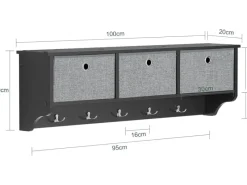 SoBuy Wandgarderobe mit 3 Körben und 5 Haken Holz Schwarz FRG282-SCH