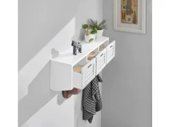 Hot SoBuy Wandgarderobe mit 3 Körben und 4 Haken MDF Weiß FHK19-W
