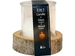 Sunny Garden Windlicht aus Glas mit Holzsockel Ø 18 cm x 16 cm