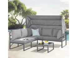 Best SVITA Maui Gartenmöbel-Lounge-Set Mit Dach Outdoor-Sofa Strandkorb-Sonneninsel Stahl Hellgrau