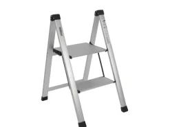 TRUTZHOLM Trittleiter 2 Stufig Klappbar bis 150 kg Alu Anti Rutsch Trittflächen TÜV GS Silber