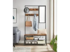 New Vasagle Garderobenständer Spiegel und Sitzbank 35 x 98 x 180 cm Braun-Schwarz