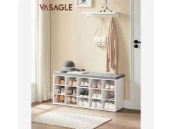 Hot Vasagle Schuhbank mit Sitzkissen 30 cm x 105 cm x 48 cm Weiß-Grau