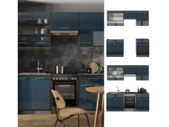 Vicco Fame-Line Küchenschränke Hochglanz/Anthrazit 200 cm AP Eiche ohne E-Geräte Dunkelblau