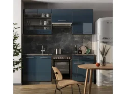 Vicco Fame-Line Küchenschränke Hochglanz/Anthrazit 200 cm AP Eiche ohne E-Geräte Dunkelblau
