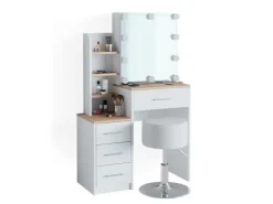 Vicco Schminktisch Conrada Weiß/Sonoma/Sonoma 36 cm mit LED Beleuchtung und Hocker