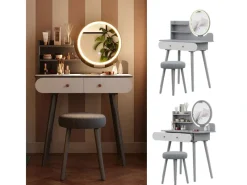 Vicco Schminktisch Edda 80 cm mit LED Beleuchtung und Hocker Grau