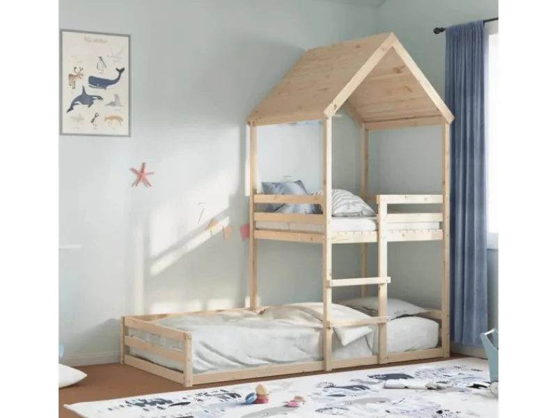 vidaXL Etagenbett mit Dach 80x200 cm Massivholz Kiefer2012220
