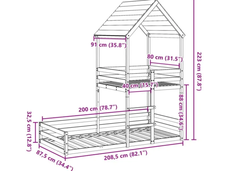 vidaXL Etagenbett mit Dach 80x200 cm Massivholz Kiefer2012220