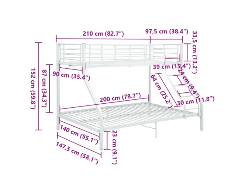 vidaXL Etagenbettgestell Weiß Metall 140x200 cm/90x200 cm621523