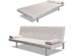 New vidaXL Schlafsofa mit 2 Kissen Kunstleder Ausziehbar Cremeweiß