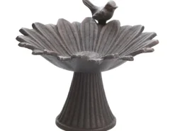 Outlet Vogeltränke in Gänseblümchen-Form mit Vogel aus Gusseisen in Dunkelbraun 18,5 cm